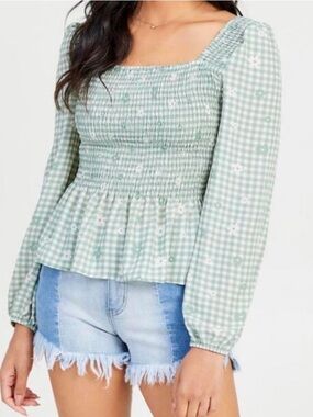 Altar’d State Green & White Gingham Daisy Smocked Women's Top size Small